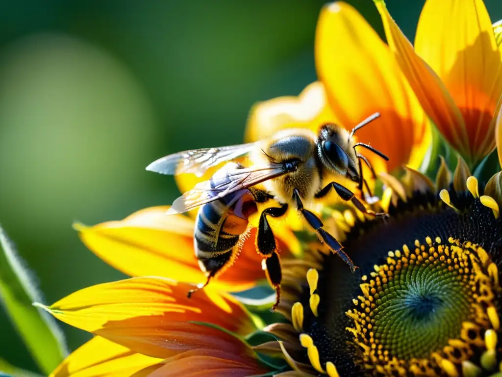 Polinización perfecta: abeja y girasol en detalle Detalle asombroso de una abeja recolectando polen de una brillante flor de girasol