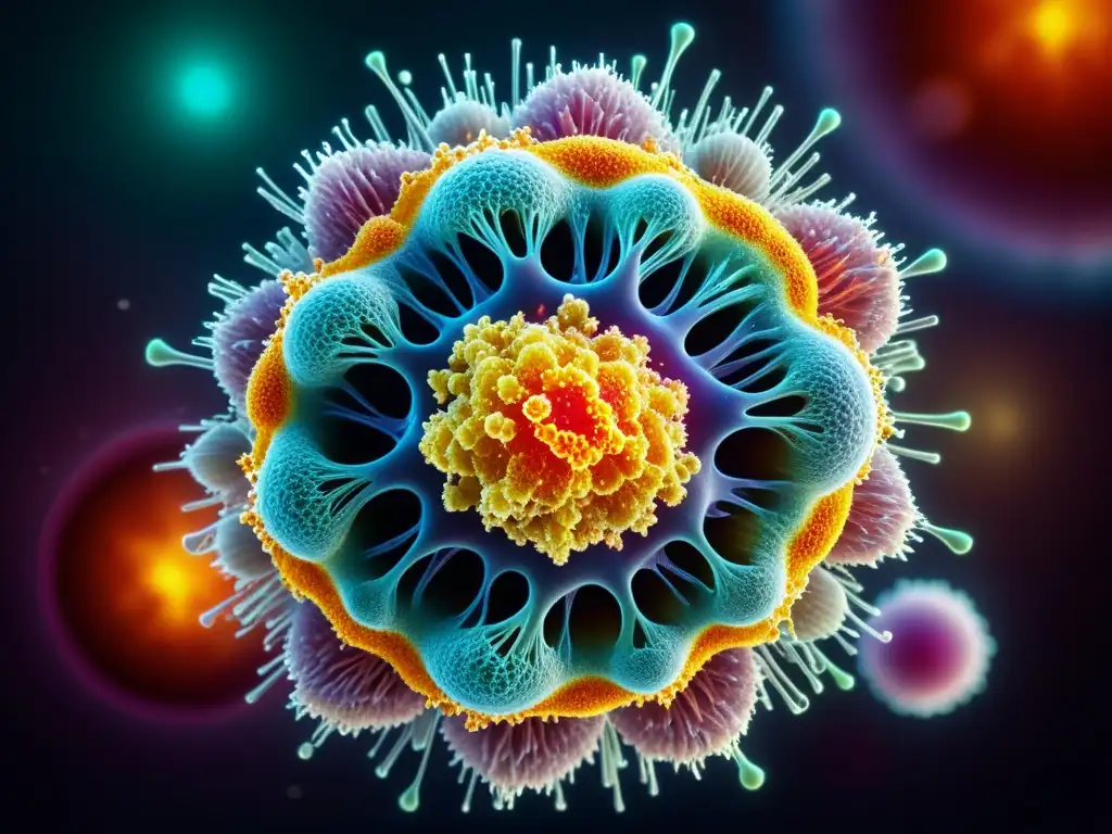 Microscopio: Célula inmune combatiendo patógeno Detalle asombroso de una célula inmune humana eliminando un patógeno, mostrando estructuras celulares con colores vibrantes