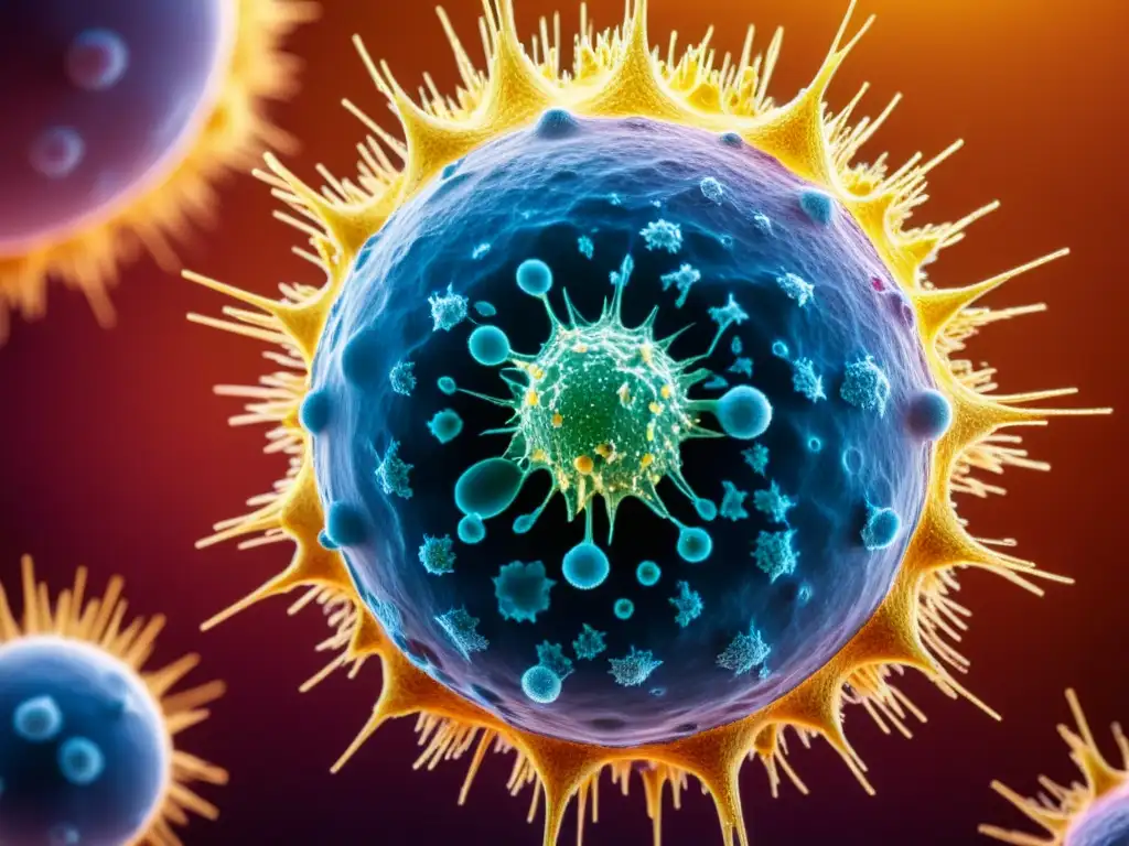 Acción letal: células asesinas naturales (NK) destruyendo célula cancerosa Detalle asombroso de células asesinas naturales en acción, defendiendo contra el cáncer en un entorno inmunológico complejo