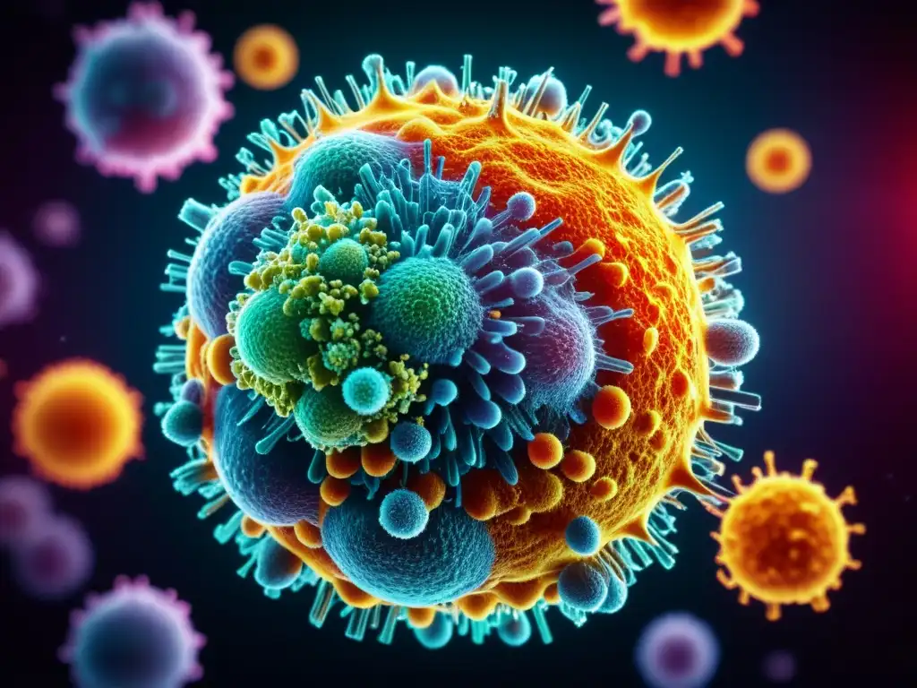 Interacción detallada: células inmunes y virus en 8k Detalle asombroso de células inmunitarias interactuando con un virus simulado en alta resolución