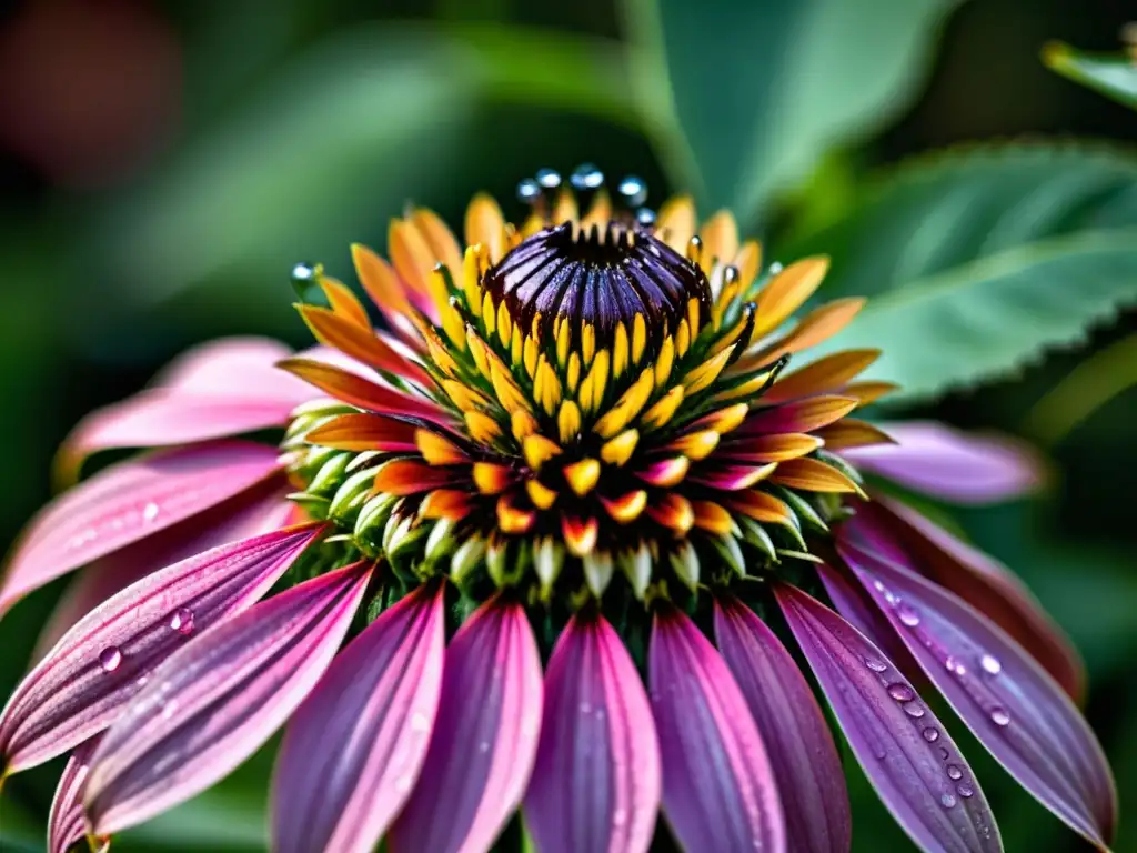 Fotografía en 8k de una echinacea purpúrea con rocío Detalle asombroso de una equinácea púrpura con gotas de rocío