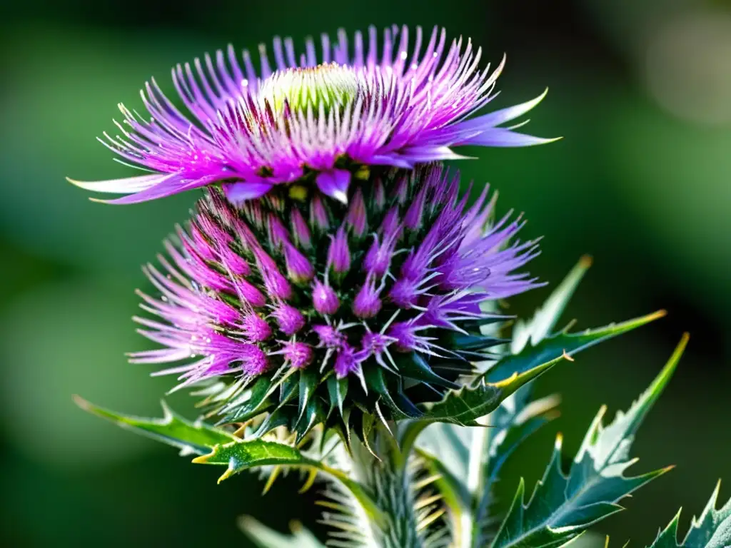 Cardo Mariano: Detalles en Violeta y Verde Detalle asombroso del cardo mariano con flores moradas vibrantes, hojas verdes espinosas y gotas de rocío