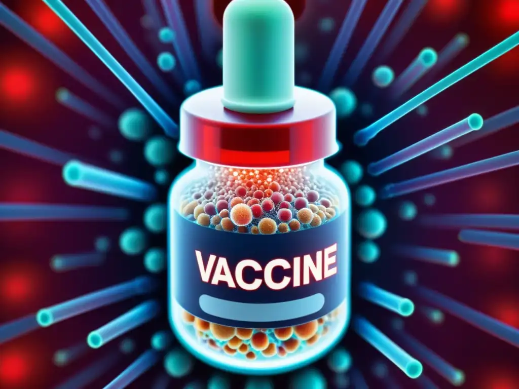 Vial de vacuna: Detalles microscópicos impresionantes Detalle asombroso del funcionamiento de vacunas en el sistema inmunológico, con células y partículas vívidas en un vial rojo