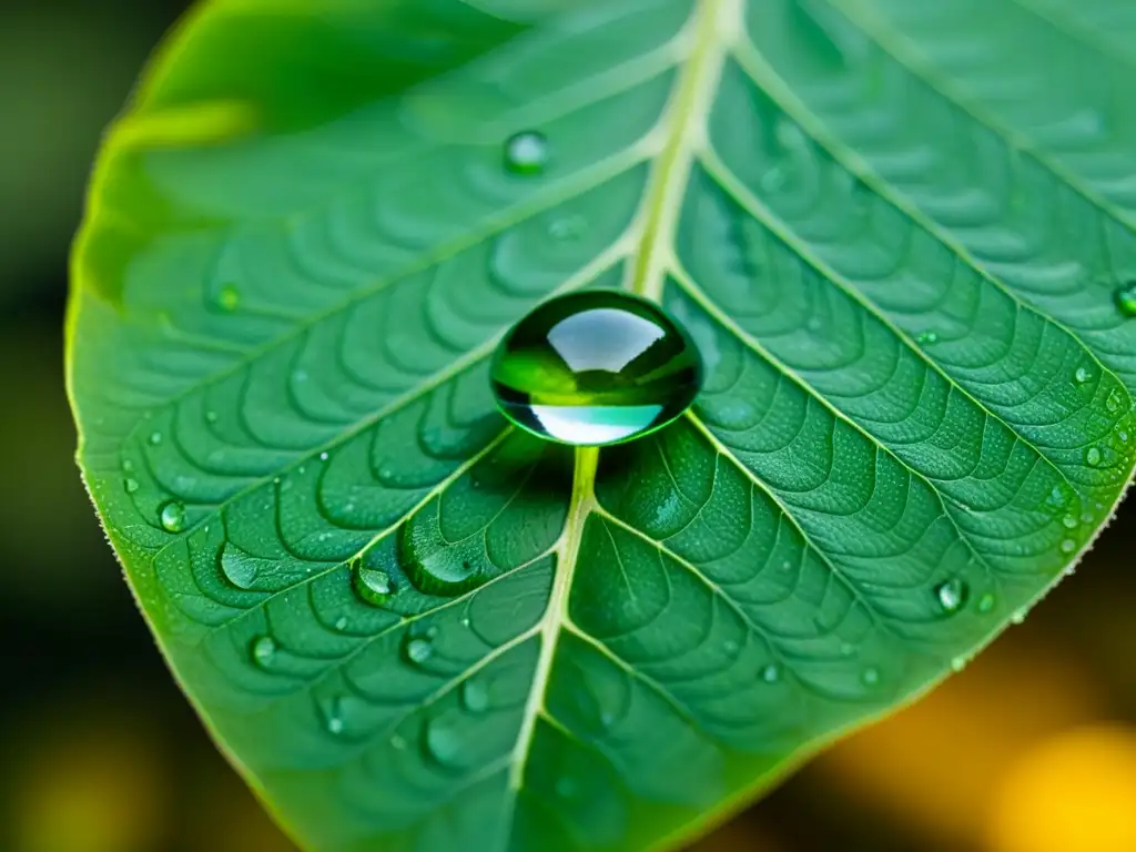 Gotas de vida: Impactante imagen de una gota de agua en una hoja verde Detalle asombroso de gota de agua en hoja verde: vitalidad, inmunidad y belleza natural