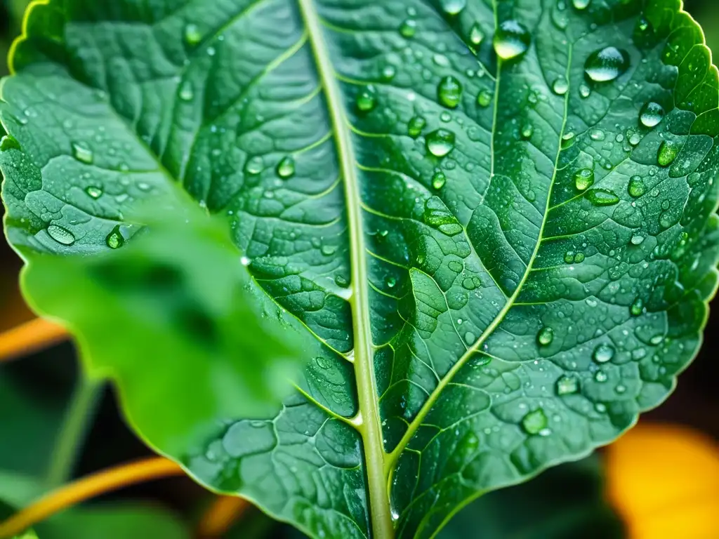 Detalles asombrosos de hojas verdes con rocío Detalle asombroso de hoja verde con gotas de rocío