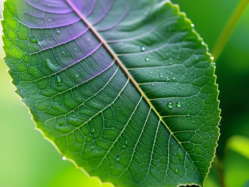 Macrofoto de hoja verde brillante con gotas de rocío Detalle asombroso de una hoja verde vibrante con venas delicadas, brillando con rocío