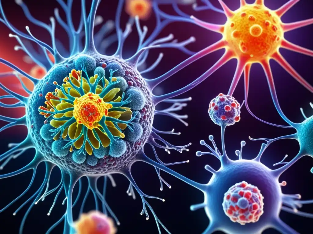 Increíble imagen 8k del sistema inmune humano en acción Detalle asombroso de la inmunidad innata prevención enfermedades autoinmunes en acción: compleja red de células y proteínas en vibrantes colores 8k