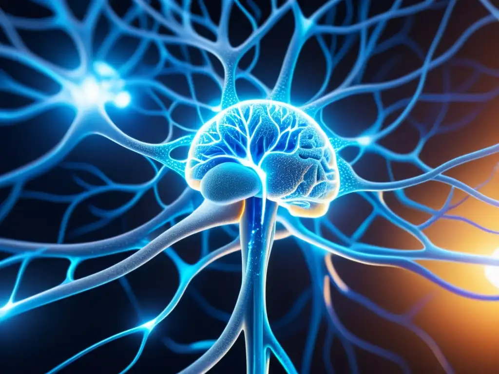 Neuronas brillantes: Impacto del trauma en el sistema inmune Detalle asombroso de neuronas interconectadas en el cerebro, con vías vibrantes que representan el impacto del trauma en el sistema inmune