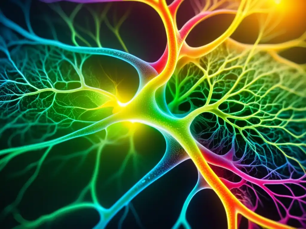 Redes de Neuronas en el Segundo Cerebro: Detalle Asombroso Detalle asombroso de las neuronas del sistema nervioso entérico, donde la microbiota influye en el estado de ánimo
