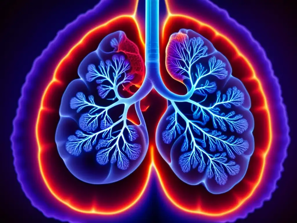 Pulmón humano: detalle asombroso de la respiración Detalle asombroso de red bronquial y alvéolos pulmonares iluminados