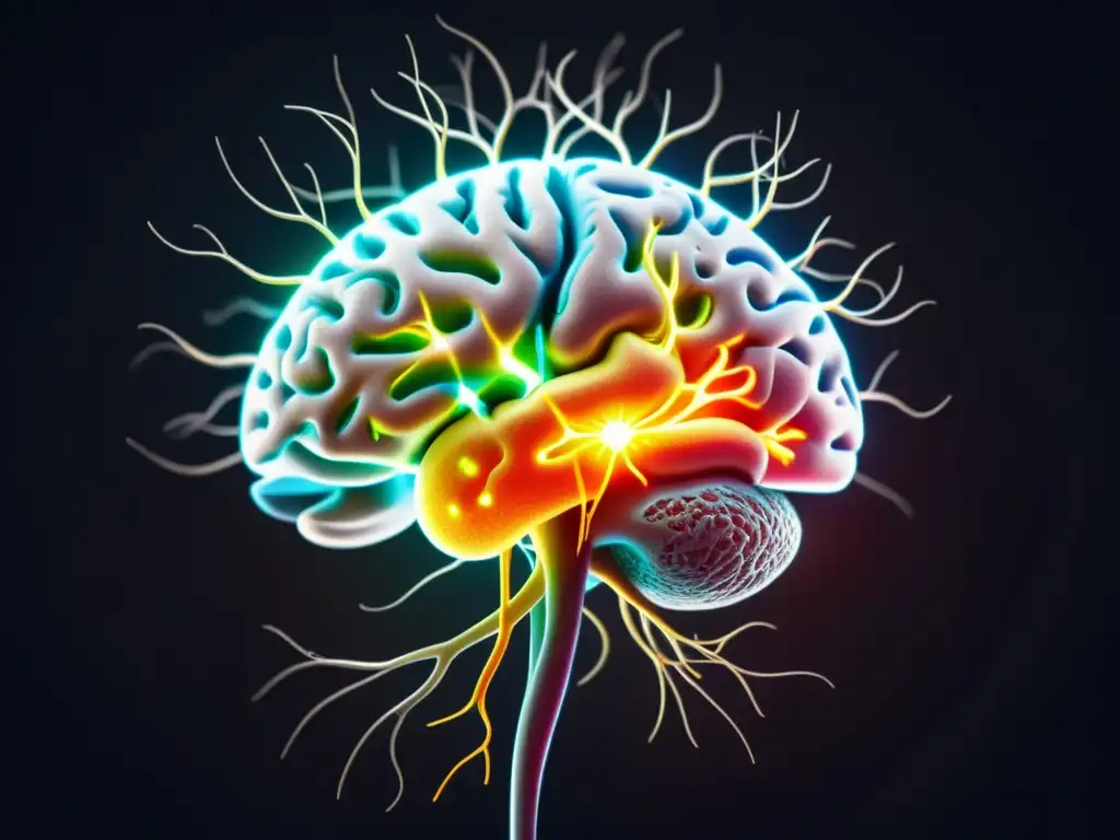Sinapsis cerebral brillante: detallado y vibrante Detalle asombroso de una sinapsis cerebral con conexiones neuronales brillantes sobre fondo oscuro
