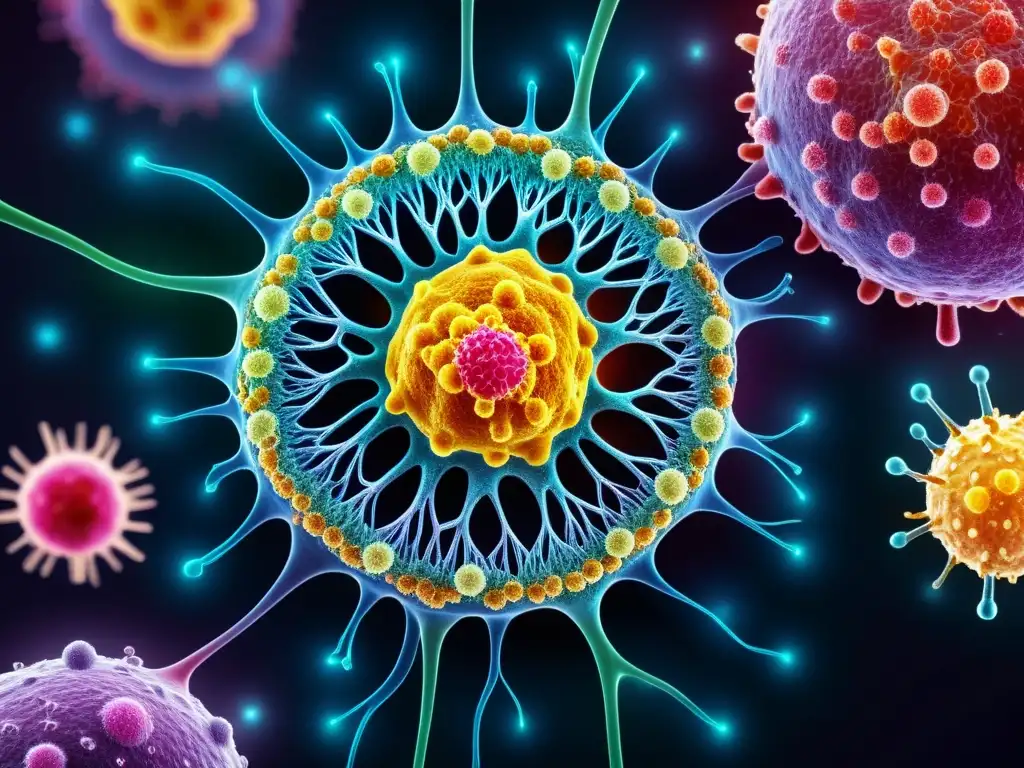 Anatomía inmunológica: Defensa celular y nutrición Detalle asombroso del sistema inmunológico humano en 8k, destacando la red de células, anticuerpos y patógenos