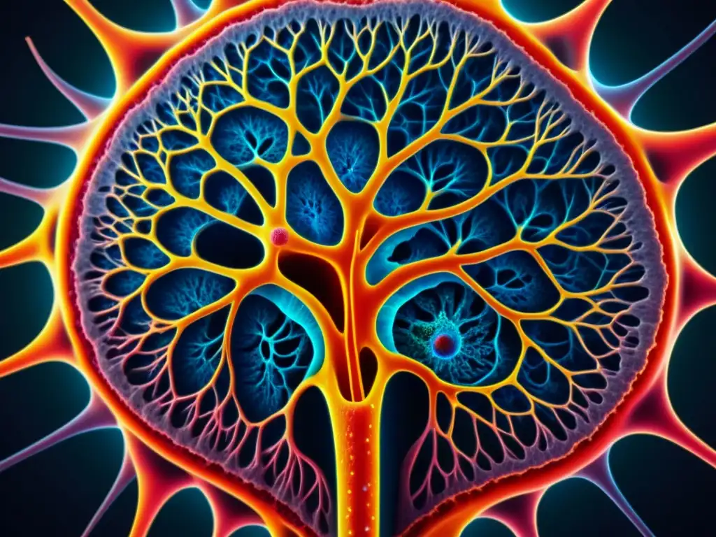 Detalle asombroso del sistema inmunológico humano en una red de células, vasos linfáticos y centros germinales, resaltando la complejidad y belleza