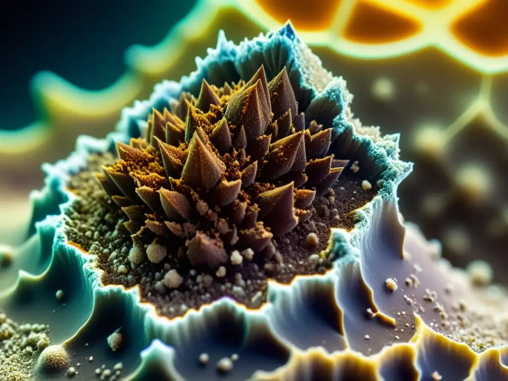 Detalle asombroso del suelo rico en selenio bajo microscopio, resaltando estructuras cristalinas