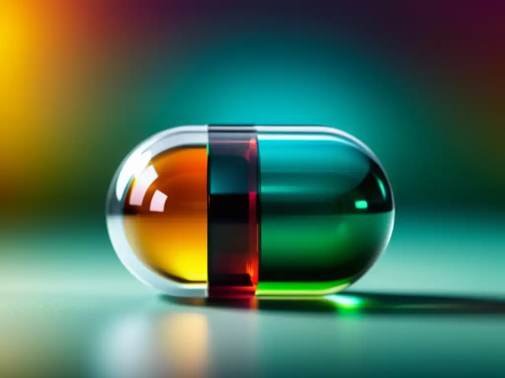 Cápsula multivitamínica transparente con detalles ultradetallados Detalle de cápsula multivitamínica transparente, resaltando la importancia de los suplementos para el sistema inmunológico
