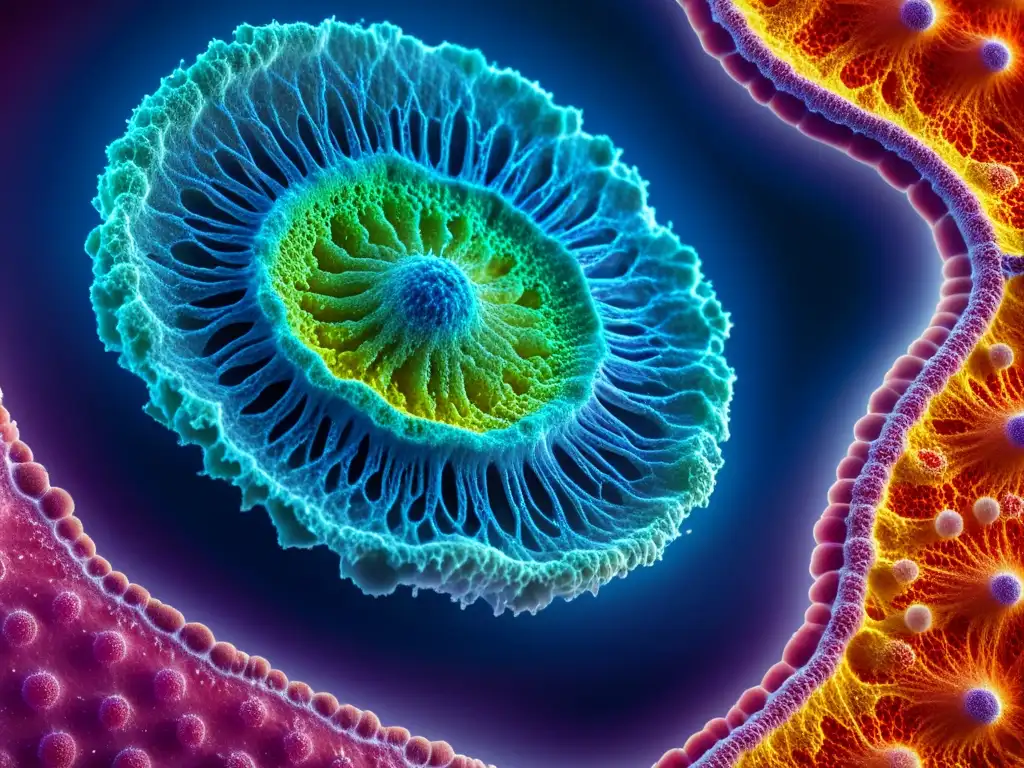 Detalle de célula cutánea en tratamiento psoriasis con enfoques biotecnológicos: terapia precisa y compleja a nivel molecular