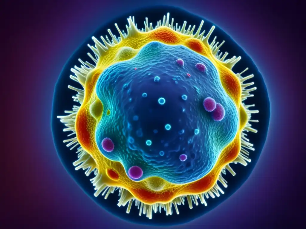 Microscopio revela célula inmune: estrés vs Detalle de célula inmune con colores vibrantes y estrés difuminado