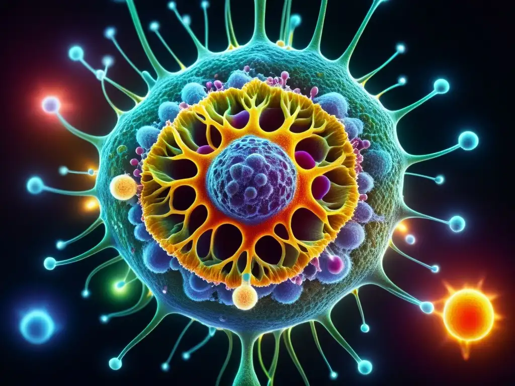Microscópica célula inmune vibrante Detalle de una célula inmune humana sana rodeada de nutrientes y suplementos, en un paisaje digital futurista