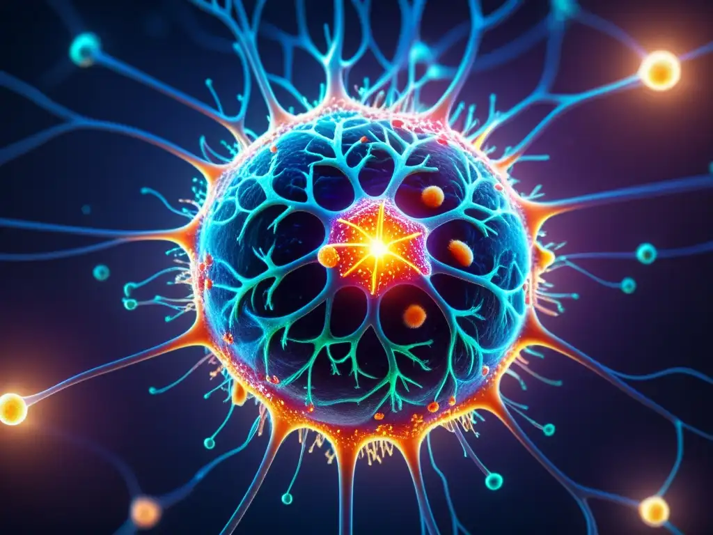 Fortalecimiento del sistema inmunitario: estrés y conexión neuronal Detalle de célula inmune rodeada de neuronas brillantes y escudo protector, simbolizando la influencia del estrés crónico en el sistema inmunológico