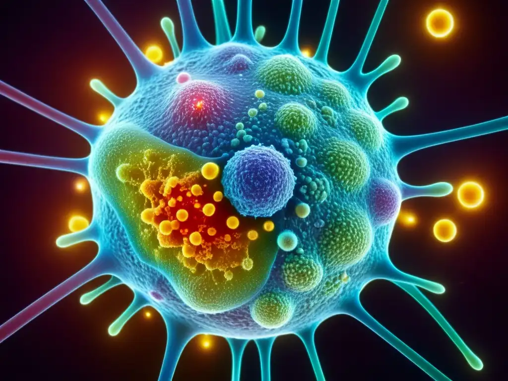 Detalle de una célula inmunológica humana bajo microscopio, resaltando la complejidad y la Importancia del sistema inmunológico humano