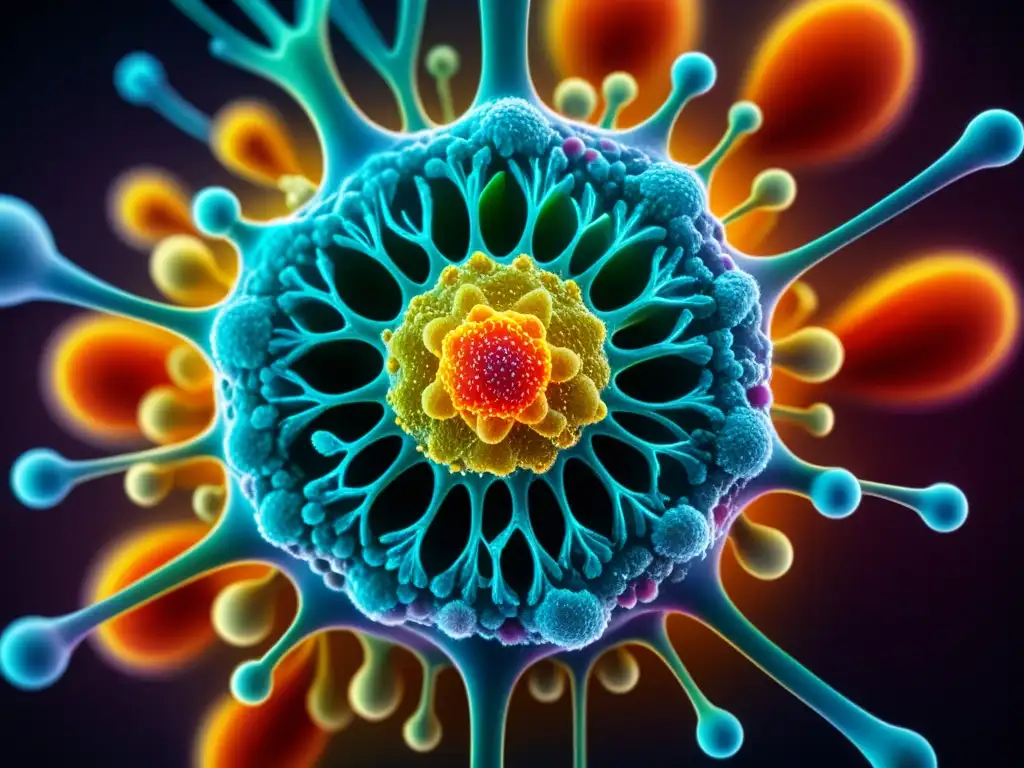 Increíble imagen 8k de una célula del sistema inmunitario humano Detalle de célula del sistema inmunológico humano bajo microscopio, mostrando estructuras celulares e interacciones, con colores vibrantes y alto contraste que resaltan la complejidad y sofisticación del mecanismo de defensa del cuerpo