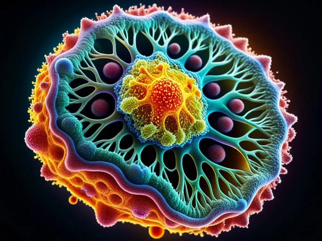 Espectacular célula del sistema inmunitario humano Detalle de una célula del sistema inmunológico humano, con colores vibrantes y estructuras celulares complejas