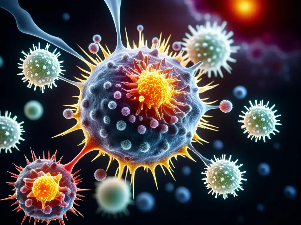 Batalla celular: Ataque del sistema inmune a células cancerosas Detalle de células de cáncer atacadas y destruidas por el sistema inmunológico en una batalla colorida y dinámica