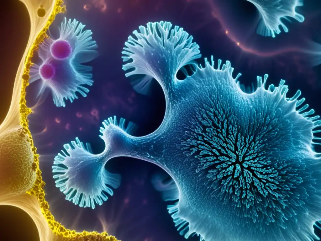Detalle en 8k de células pulmonares mostrando el efecto del ozono en el sistema inmunológico