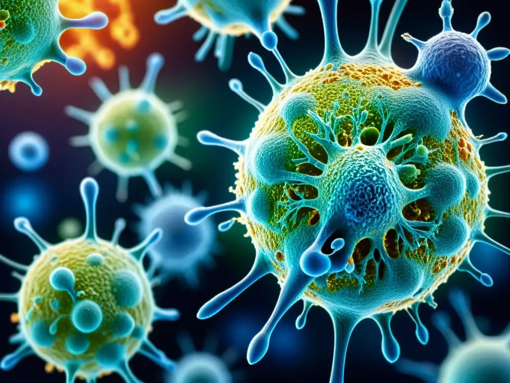 Interacción vibrante de células inmunitarias en azul Detalle de células del sistema inmunológico fortaleciéndose en un entorno microscópico azul vibrante mientras nadan
