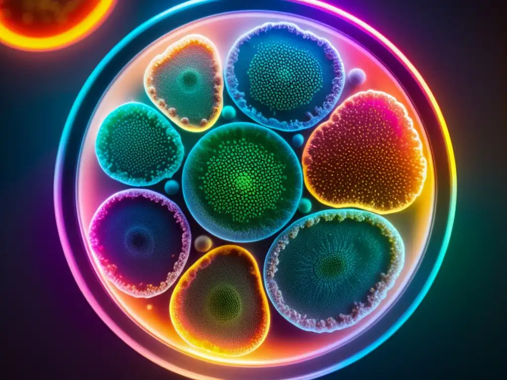 Detalle colorido de células y microorganismos en placa de Petri, iluminados por LED moderno