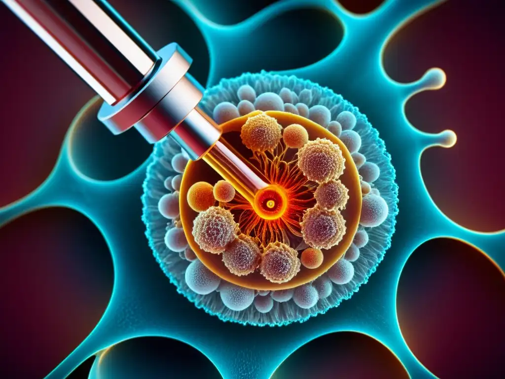 Detalles vívidos de células reproductivas humanas Detalle colorido de células reproductivas humanas bajo microscopio, ilustrando la complejidad del sistema inmunológico
