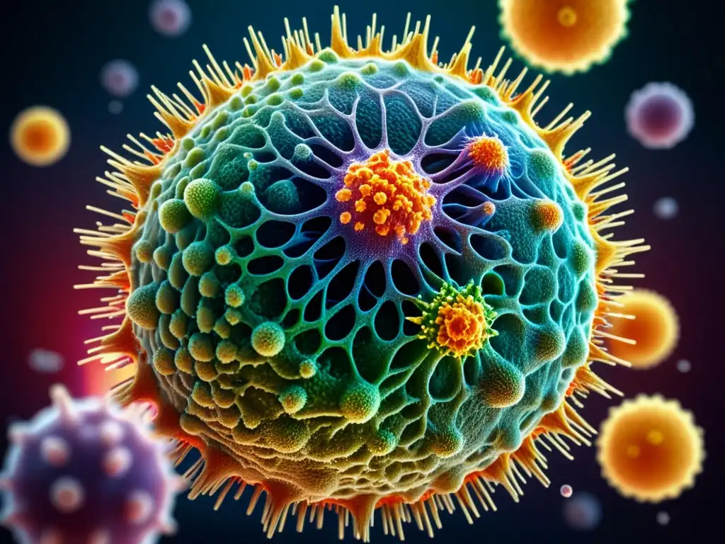 Ataque celular: Microscopía del sistema inmune combatiendo un virus Detalle colorido de células del sistema inmunitario atacando un virus, resaltando la complejidad y potencia de la defensa corporal