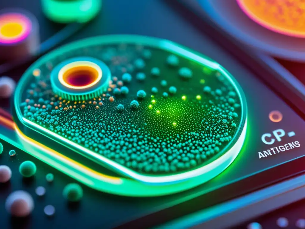 Microscopio muestra detalle de la respuesta inmune a vacunas Detalle colorido de diapositiva de microscopio muestra interacción de antígenos con células inmunes, resaltando proceso inmune