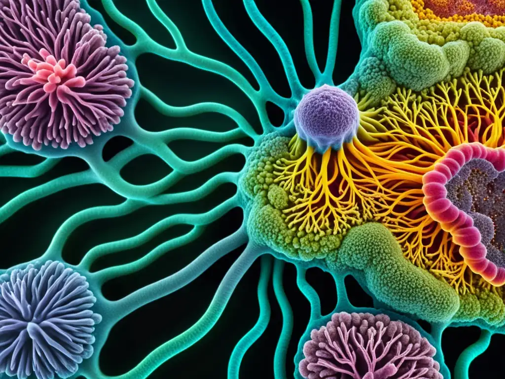 Redes prebióticas: simbiosis y salud inmune Detalle colorido de fibras prebióticas interactuando con bacterias intestinales, fortaleciendo el sistema inmunológico