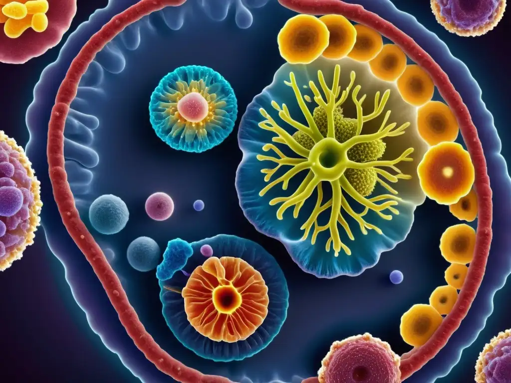 Microbiota intestinal: red de microorganismos Detalle colorido del microbioma intestinal humano, resaltando la importancia del equilibrio del sistema inmunológico