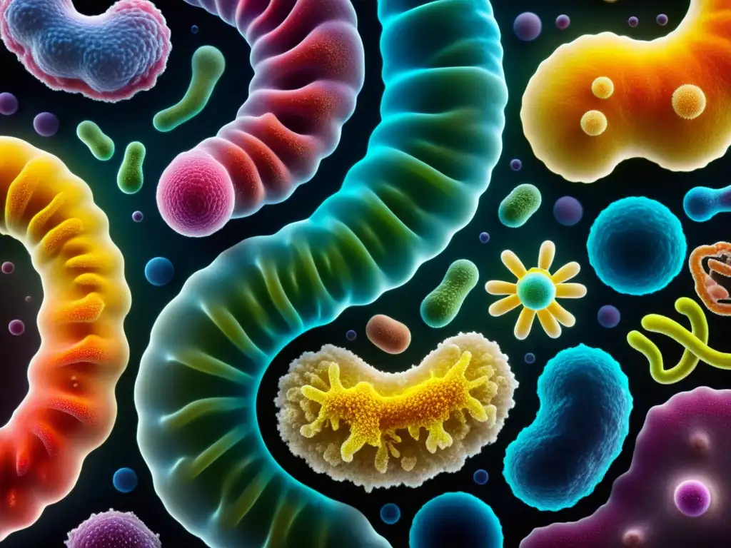 Microbiota Intestinal: Ecosistema Vibrante Detalle colorido de microbiota intestinal, destacando diversidad y vitalidad
