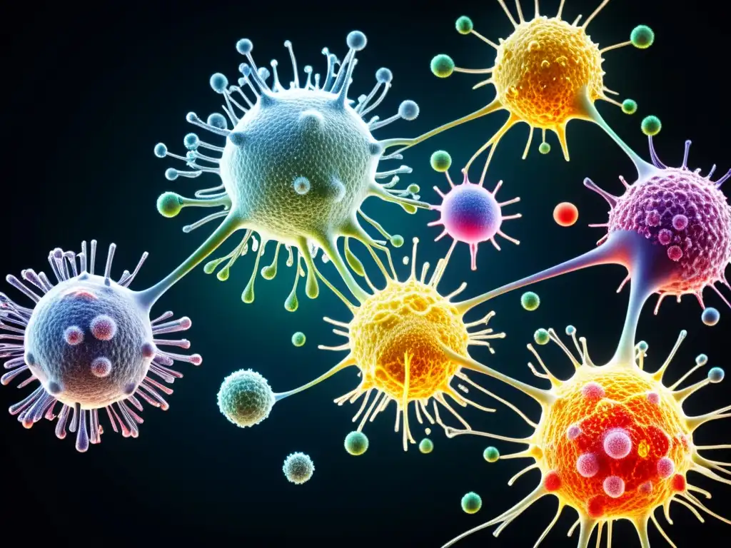 Red de células del sistema inmune: detallada y colorida Detalle colorido del sistema inmunológico humano explicado libro, con células resaltadas en vibrantes colores en contraste con fondo oscuro