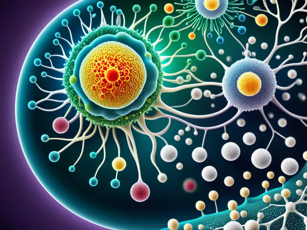Ilustración inmersiva del sistema inmunitario humano Detalle colorido del sistema inmunológico humano, resaltando la interacción genética y hábitos para mejorar sistema inmunológico