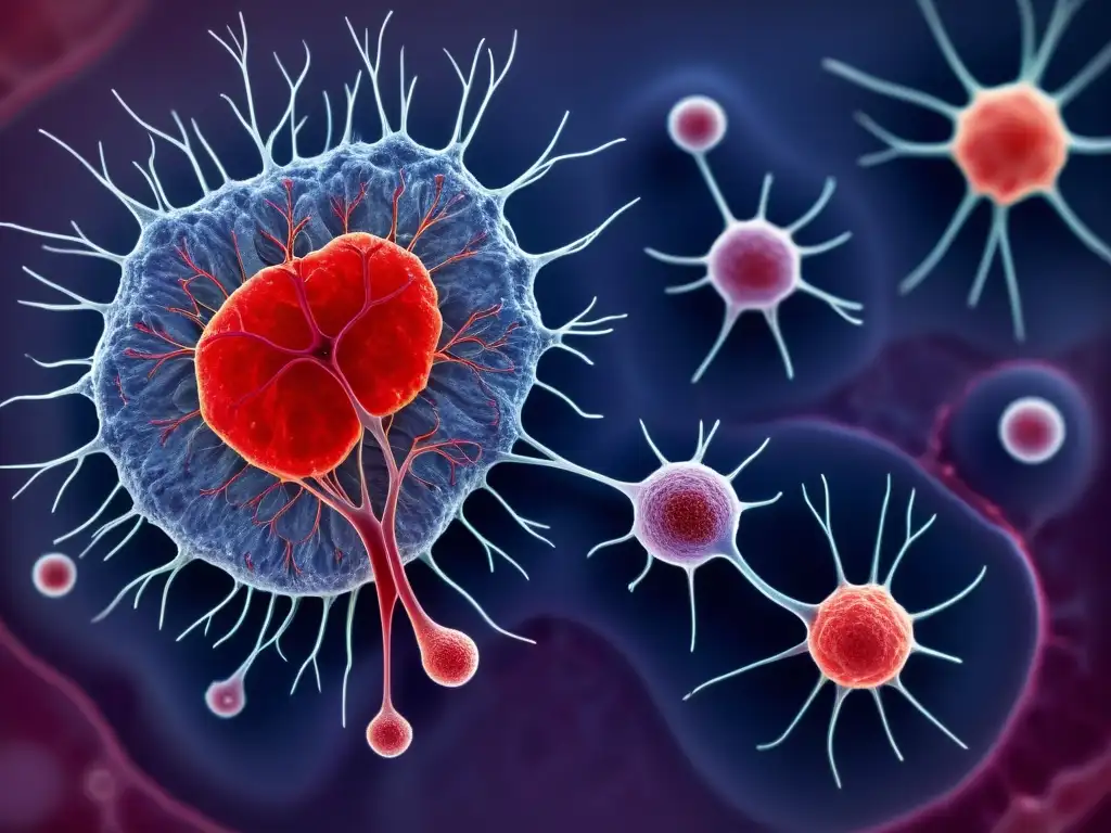 Redes de células y vasos sanguíneos: desafío de trasplante Detalle colorido de tejido humano con red de vasos sanguíneos e células inmunes, ilustrando el desafío de la compatibilidad en transplantes