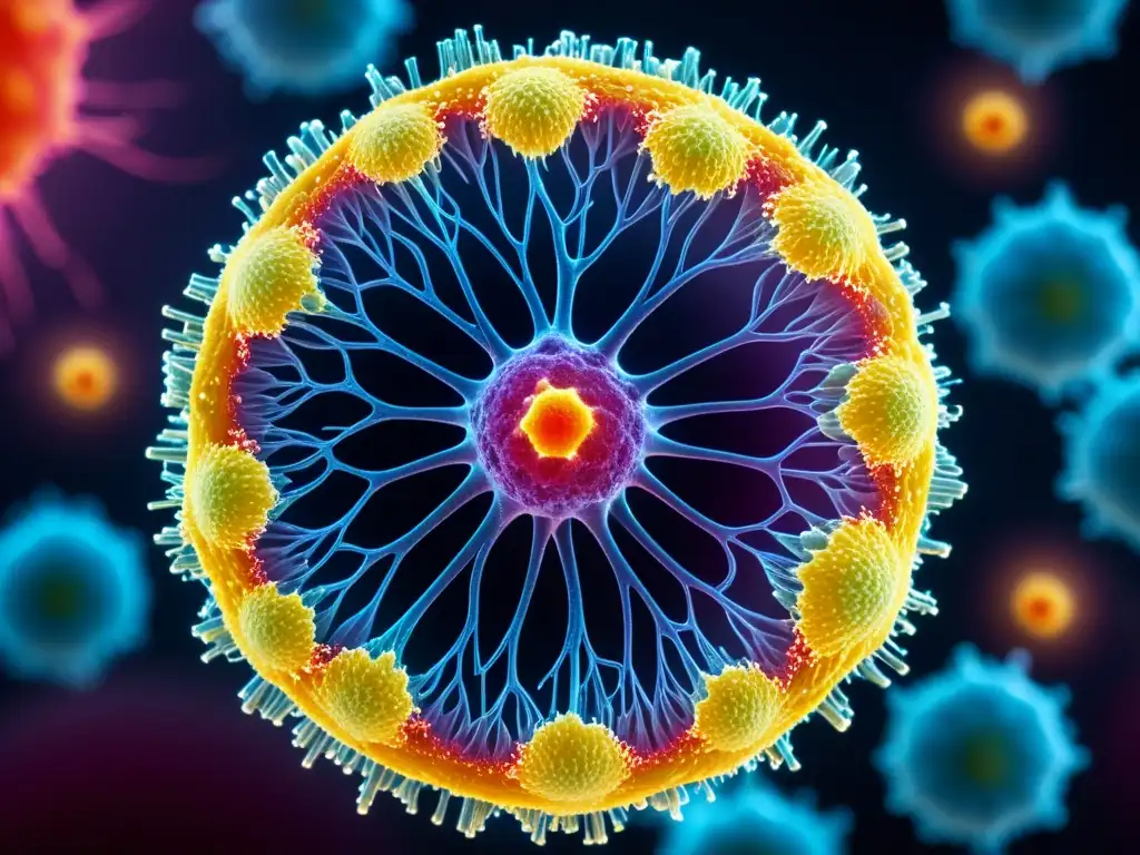 Infección viral: Detalles microscópicos del virus de la gripe y la célula respiratoria Detalle colorido de virus de la gripe infectando células respiratorias humanas, fortaleciendo sistema inmunológico ante resfriado y gripe