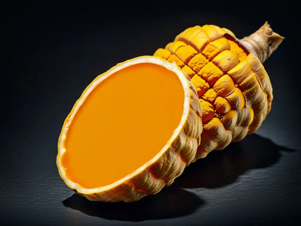 Raíz de cúrcuma: detalle vibrante y texturas saludables Detalle de una raíz de cúrcuma naranja vibrante, resaltando sus patrones y texturas, con un fondo oscuro que realza su belleza natural
