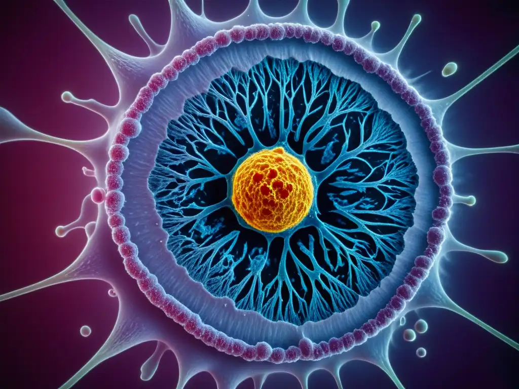 Microcosmos: Detalle de célula cutánea y sistema inmune Detalle de célula cutánea con red de proteínas y células inmunes