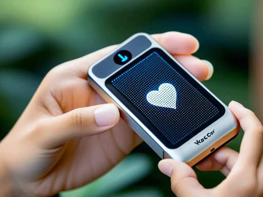 Detalle del dispositivo KardiaMobile de AliveCor, con diseño moderno, tecnología de monitoreo cardíaco y tamaño compacto