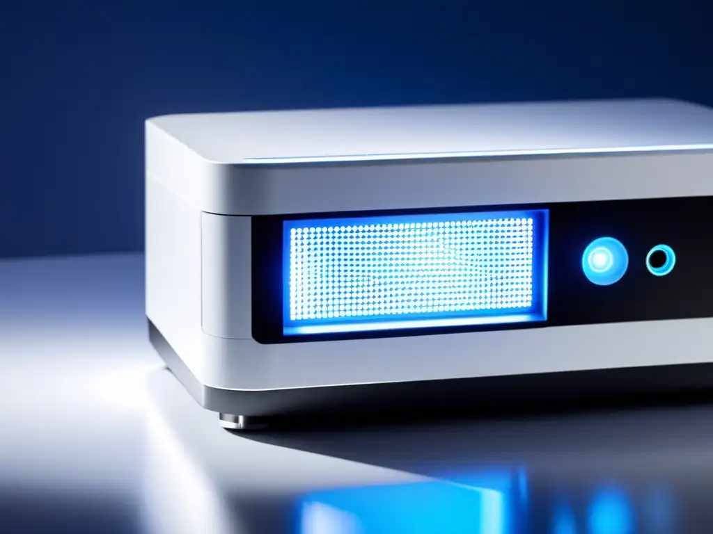 Dispositivo de monitorización inmunológica de vanguardia Detalle de dispositivo de monitoreo inmunológico avanzado futurista iluminado con luces LED azules en laboratorio blanco