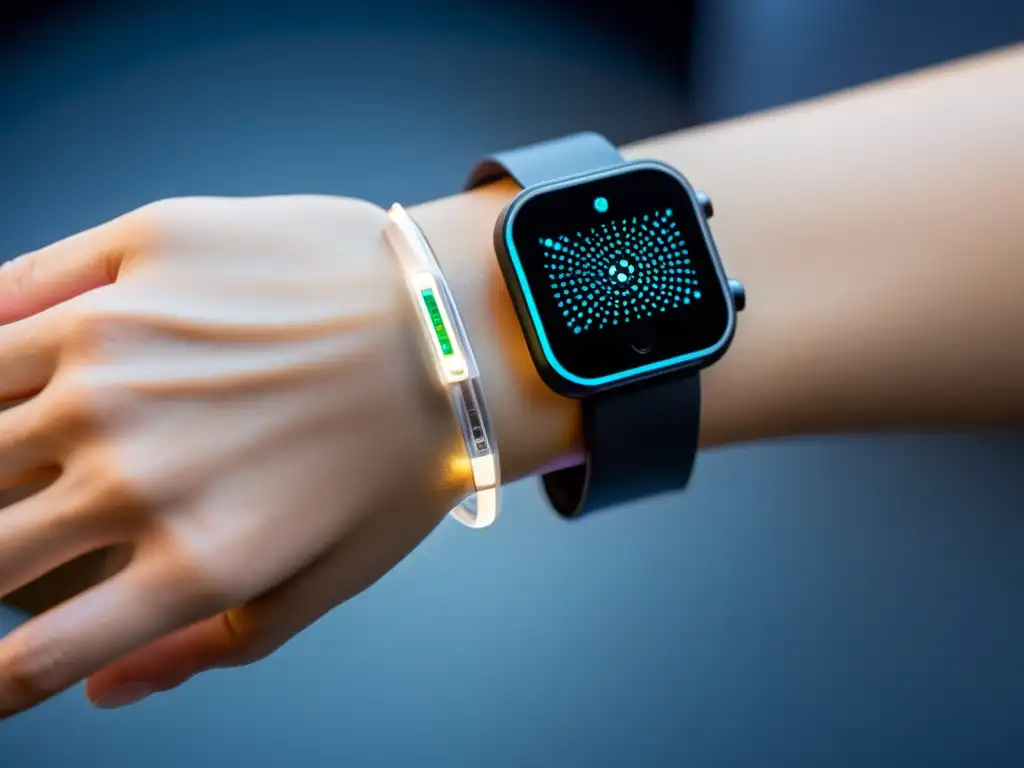 Dispositivo wearable futurista para fortalecer el sistema inmune Detalle de dispositivo wearable futurista para telemedicina en consultas inmunológicas