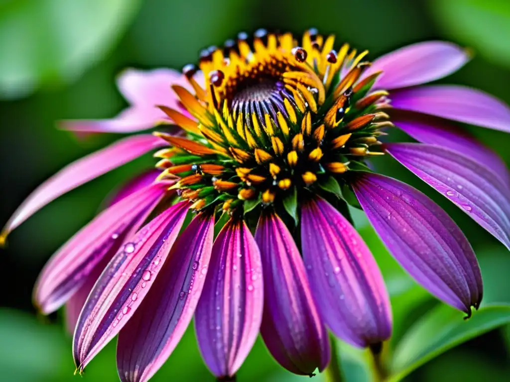 Echinacea purpurea: Detalles vibrantes y potentes Detalle de una equinácea púrpura con gotas de rocío, resaltando su belleza natural y beneficios para el sistema inmunológico