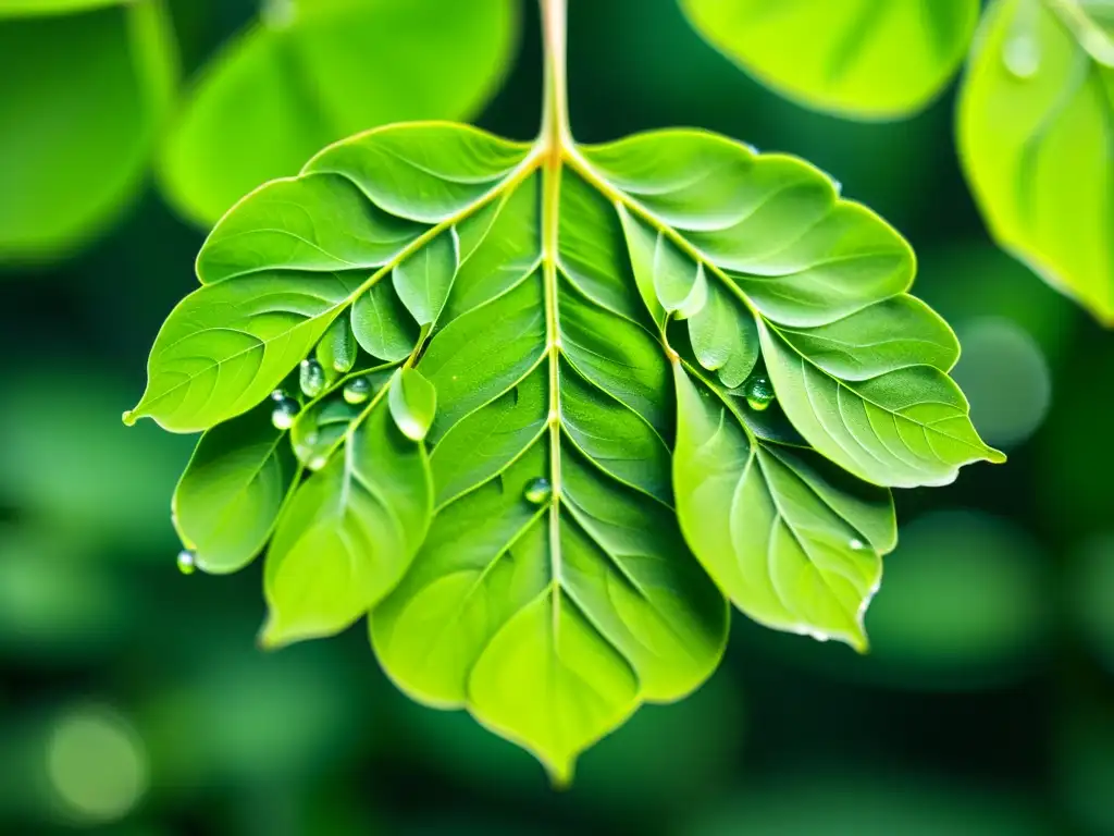 Patrón circular de hojas frescas de moringa con gotas de agua Detalle exquisito de hojas frescas de moringa en un patrón circular, con gotas de agua brillando en sus verdes superficies