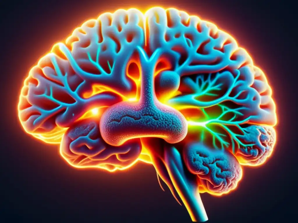 Neuronas brillantes en el cerebro humano: complejidad y actividad Detalle fascinante de un cerebro humano con neuronas vibrantes y conectadas, emitiendo impulsos eléctricos en un fondo oscuro