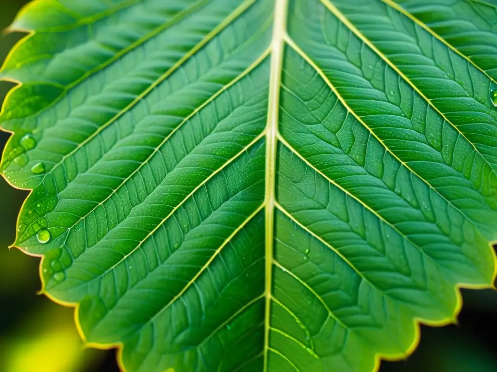 Detalle asombroso de hoja verde: luz y textura Detalle fascinante de una hoja verde vibrante, con venas y gotas de agua visibles