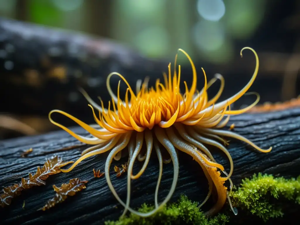 Detalles asombrosos de hongos cordyceps en un bosque húmedo Detalle fascinante de hongos cordyceps en un tronco en descomposición en un bosque húmedo